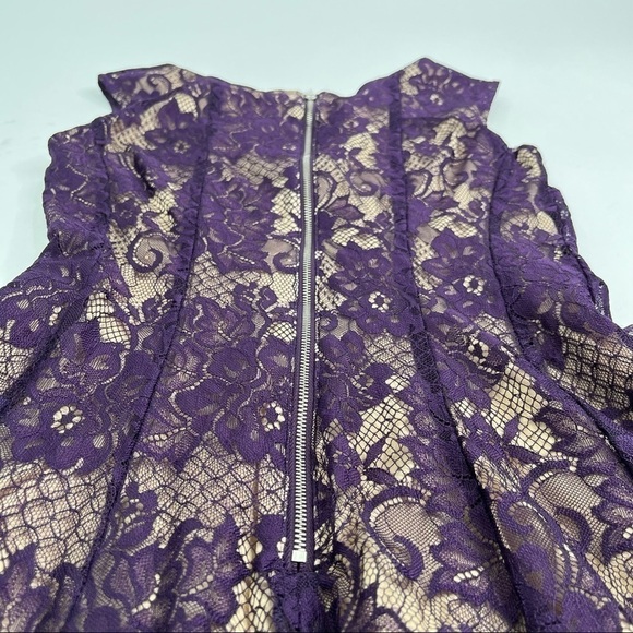 CB Plum Purple Lace Overlay Nude Lining Sleeveless Fancy Fit & Flare Short Dress - Picture 7 of 12